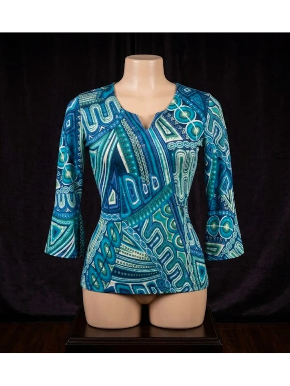 Title Southern Lady Bell Sleeve Geometric Top | Blue Teal Retro Print | Size M